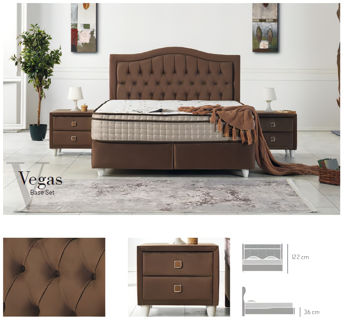 Sierra Bedding - Vegas Base & Headboard - Unmatched Storage and Simple Classical Designt for Your Bedroom - Without Mattress-